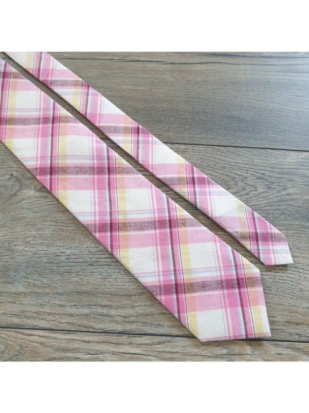 Neiman Marcus Plaid Cotton Tie Multicolor Pink Yellow White Designer Slim 57 x 3 - Picture 2 of 5